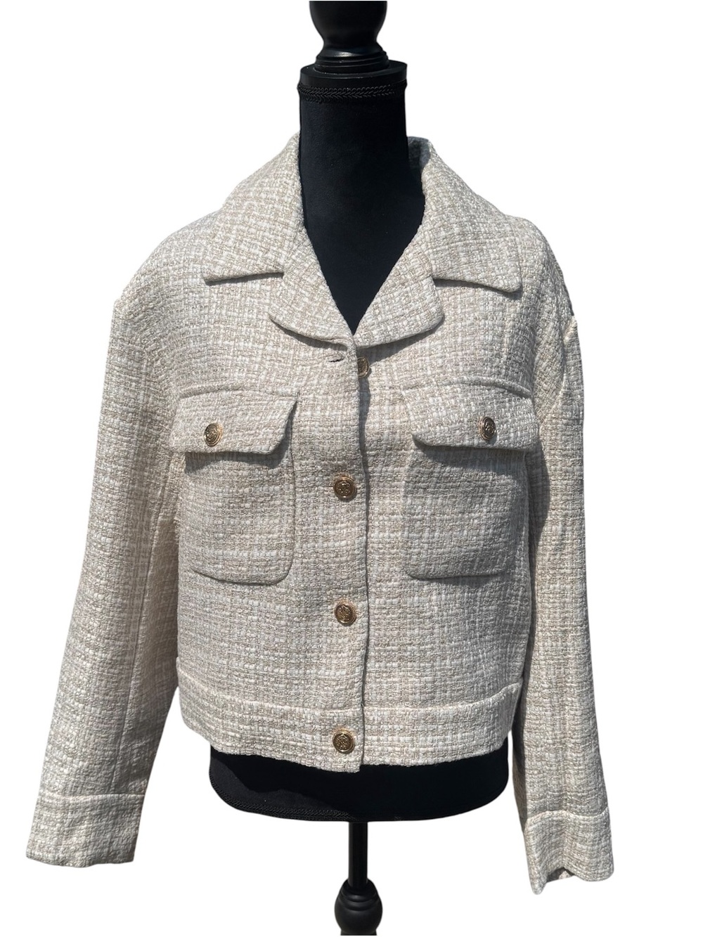 Marled NWT Shimmery Tweed Cropped Blazer Jacket – Off-White/Gold - Picture 2 of 3